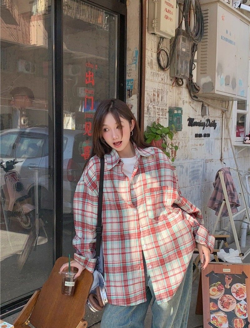 Autumn all-match Casual shirt loose plaid red coat