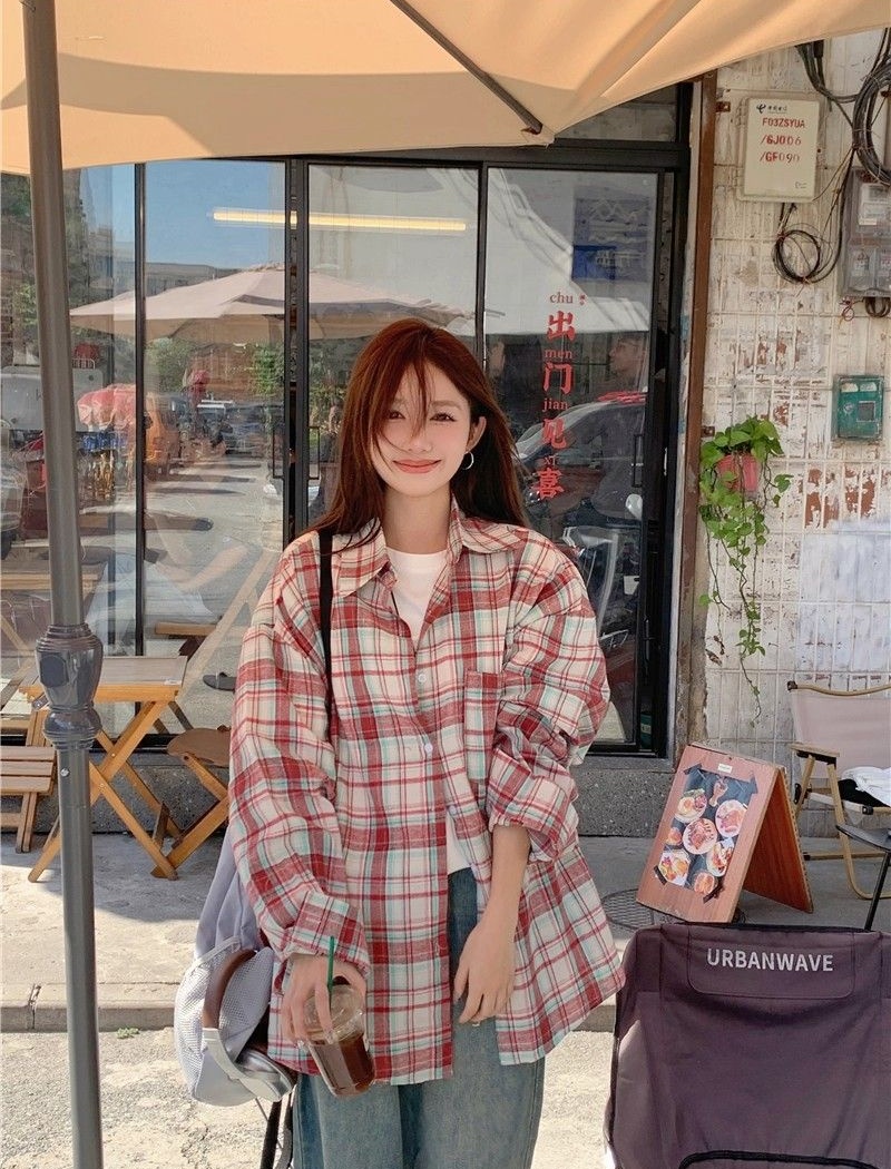 Autumn all-match Casual shirt loose plaid red coat