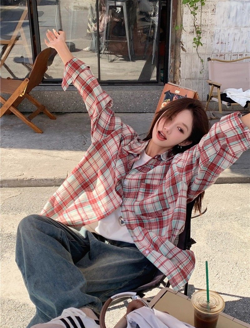Autumn all-match Casual shirt loose plaid red coat