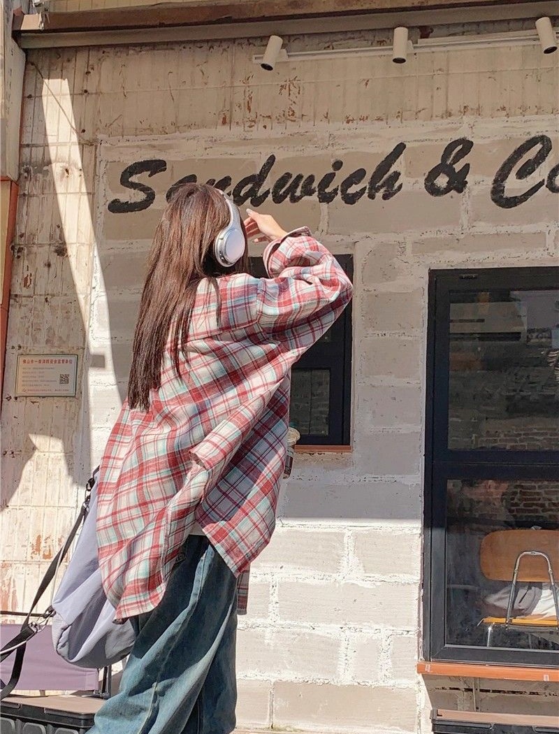 Autumn all-match Casual shirt loose plaid red coat