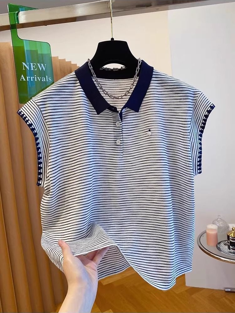 Stripe large yard unique sweet France style T-shirt