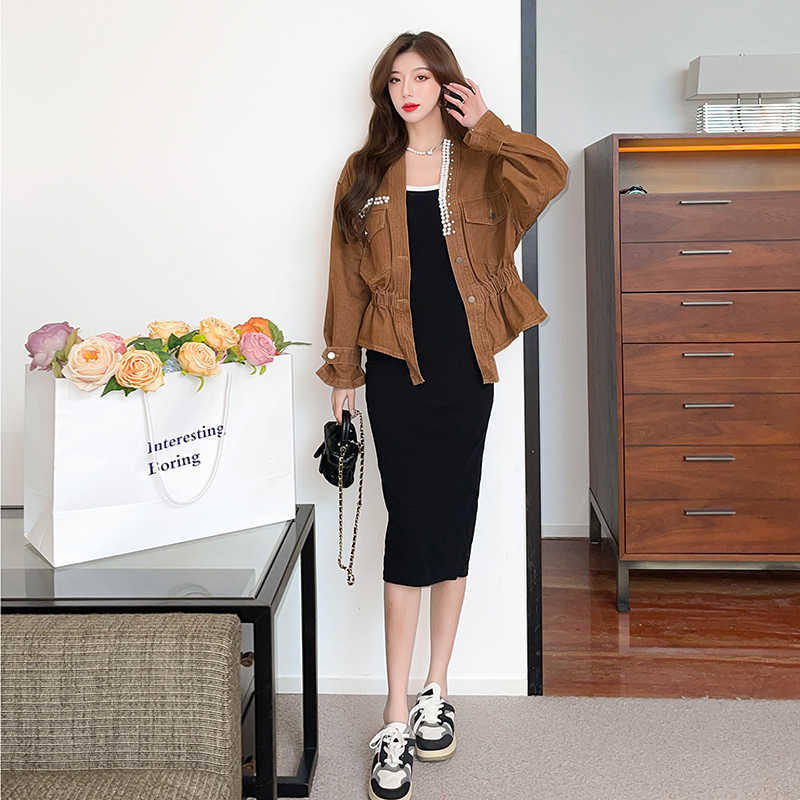 Korean style beading denim slim all-match pinched waist coat
