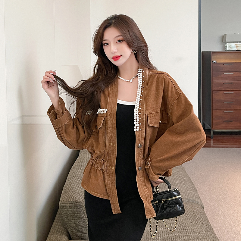 Korean style beading denim slim all-match pinched waist coat