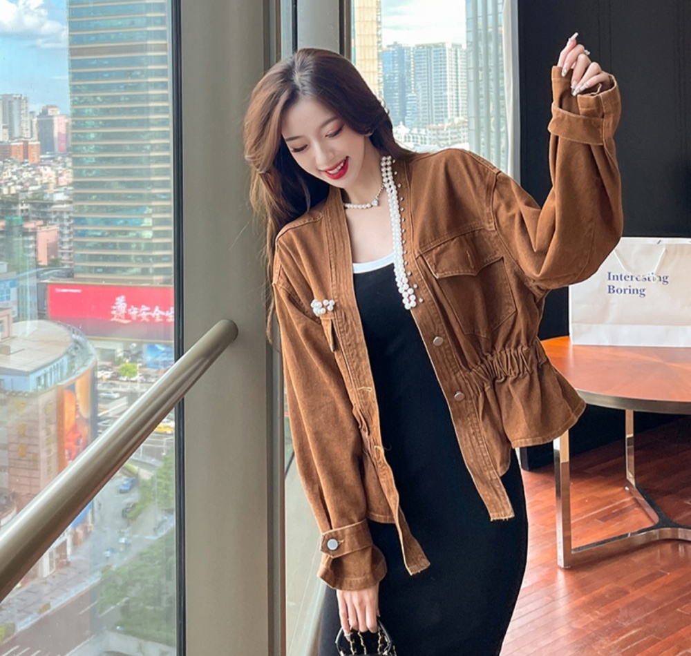 Korean style beading denim slim all-match pinched waist coat