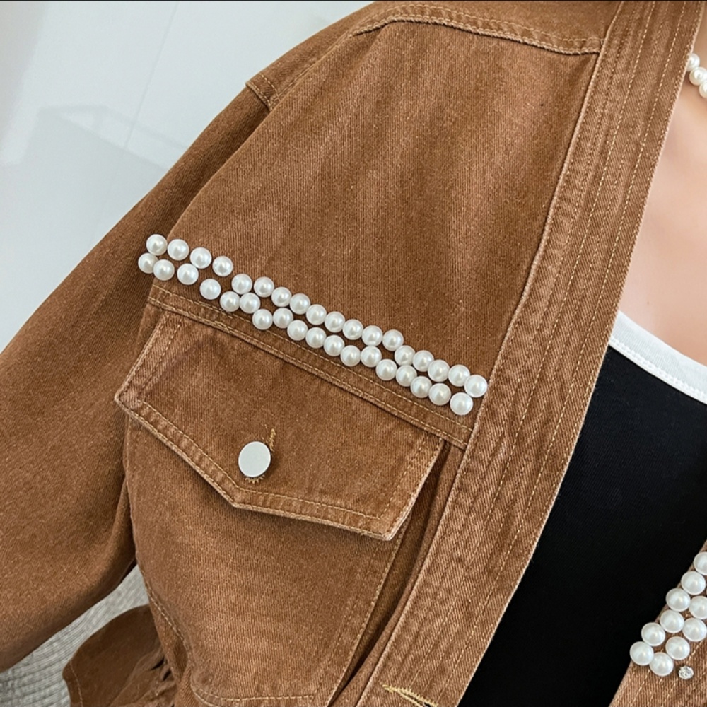 Korean style beading denim slim all-match pinched waist coat