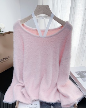 Horizontal collar loose imitation of mink hair sweater