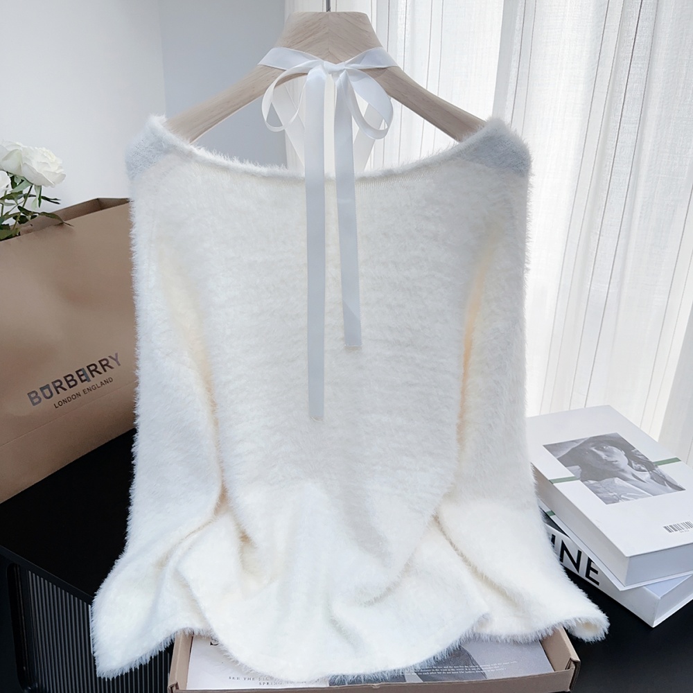Horizontal collar loose imitation of mink hair sweater