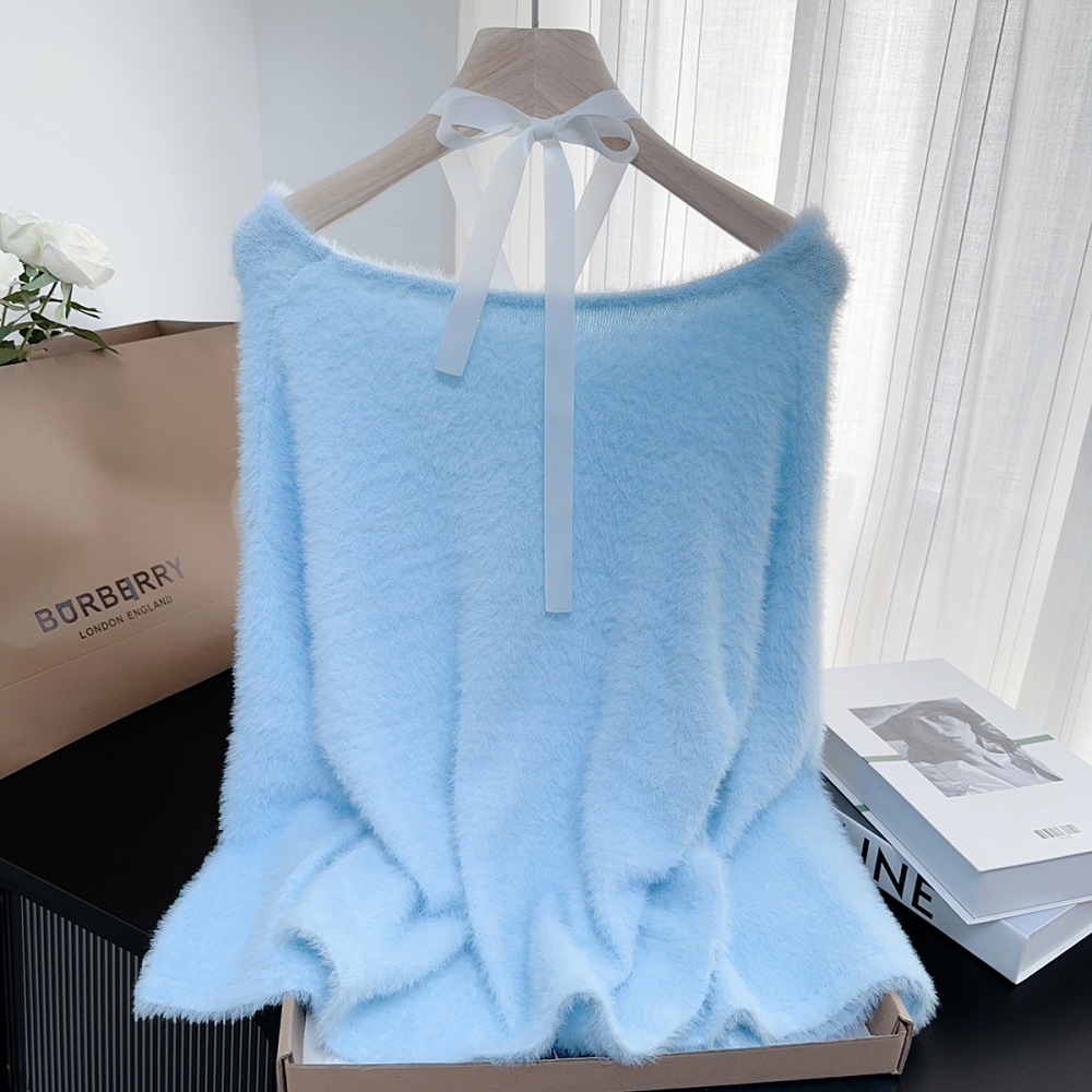 Horizontal collar loose imitation of mink hair sweater