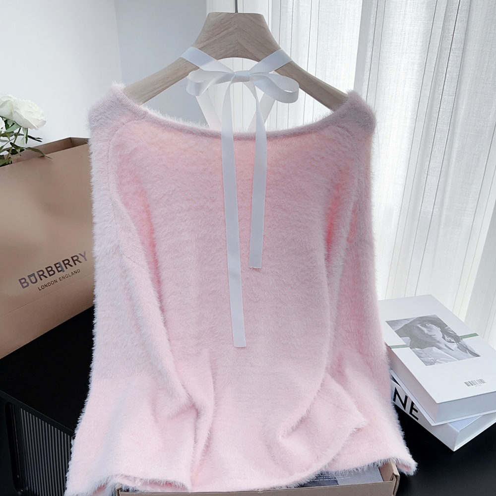 Horizontal collar loose imitation of mink hair sweater