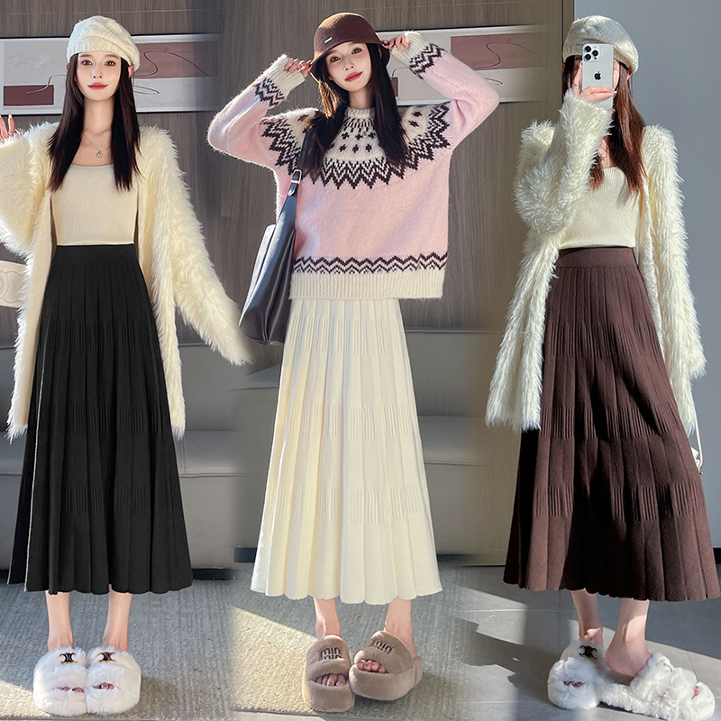 High waist A-line skirt knitted cake long skirt