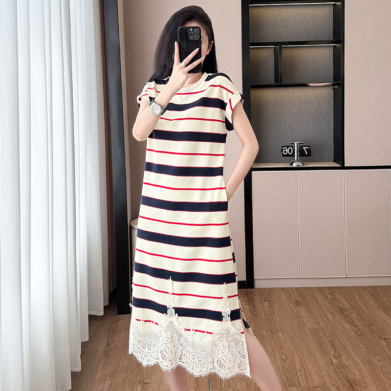 Loose fashion stripe dress exceed knee Casual long dress