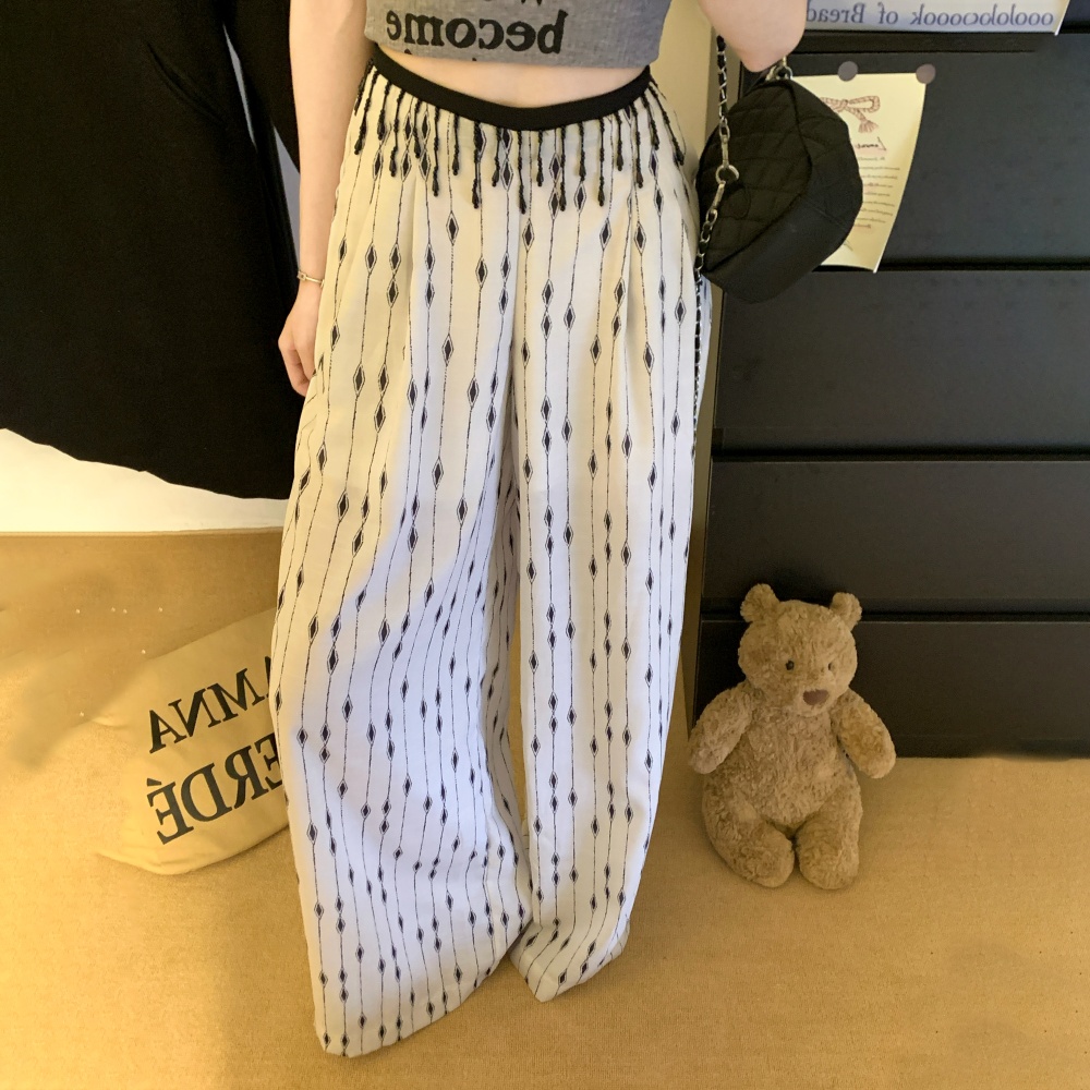 Thin printing waist chains lazy white wide leg pants