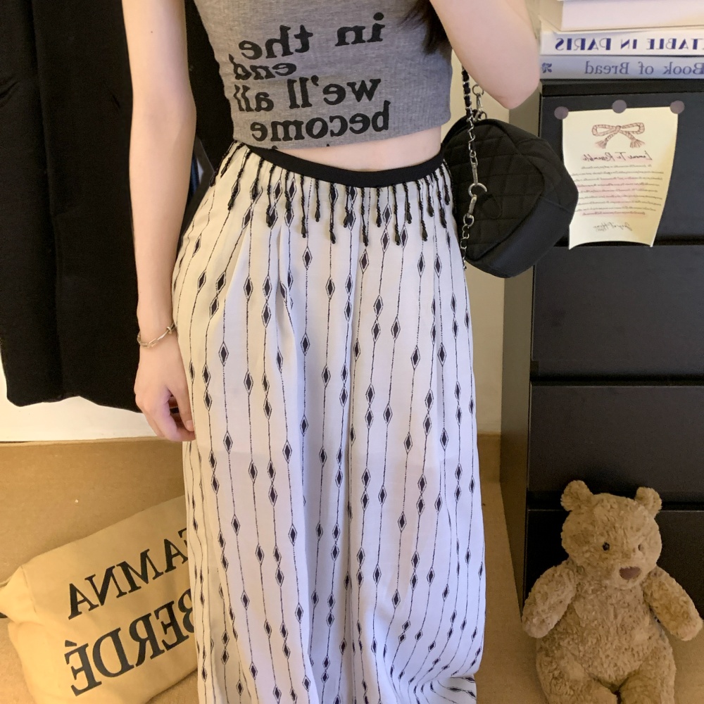 Thin printing waist chains lazy white wide leg pants