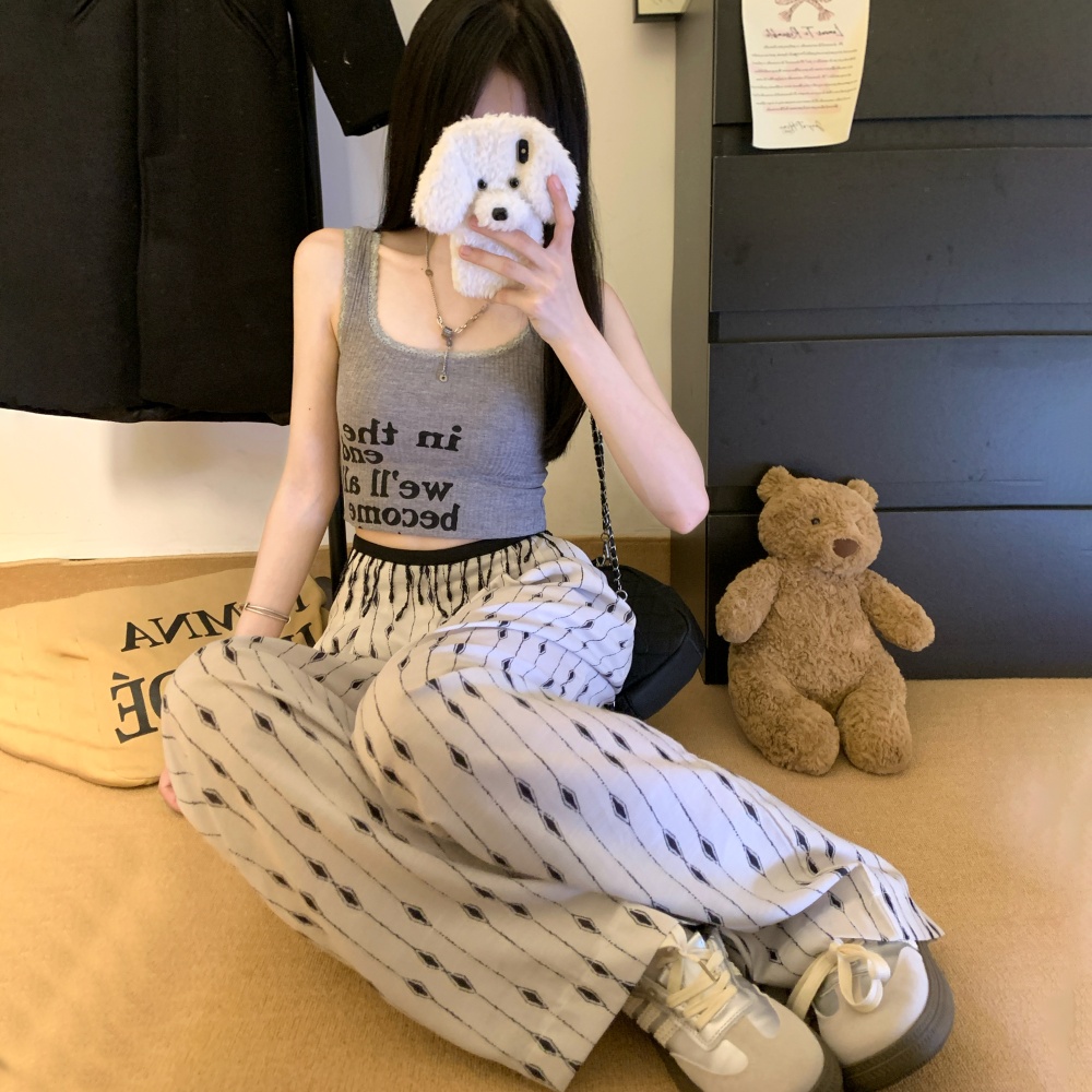 Thin printing waist chains lazy white wide leg pants