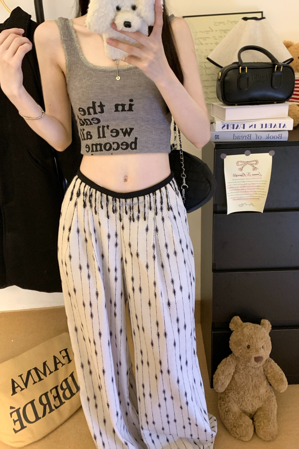 Thin printing waist chains lazy white wide leg pants