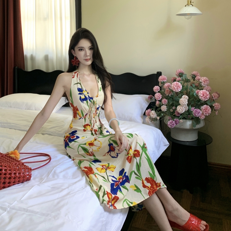 Retro temperament slim dress halter summer long dress
