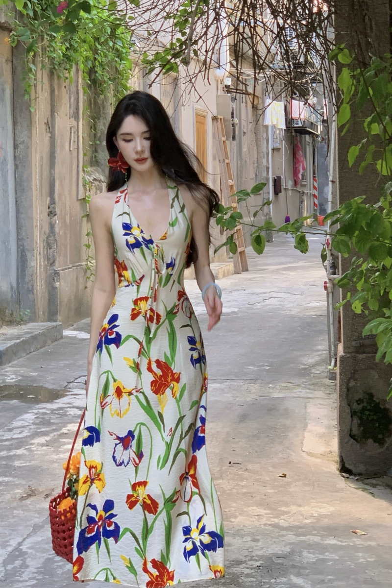 Retro temperament slim dress halter summer long dress