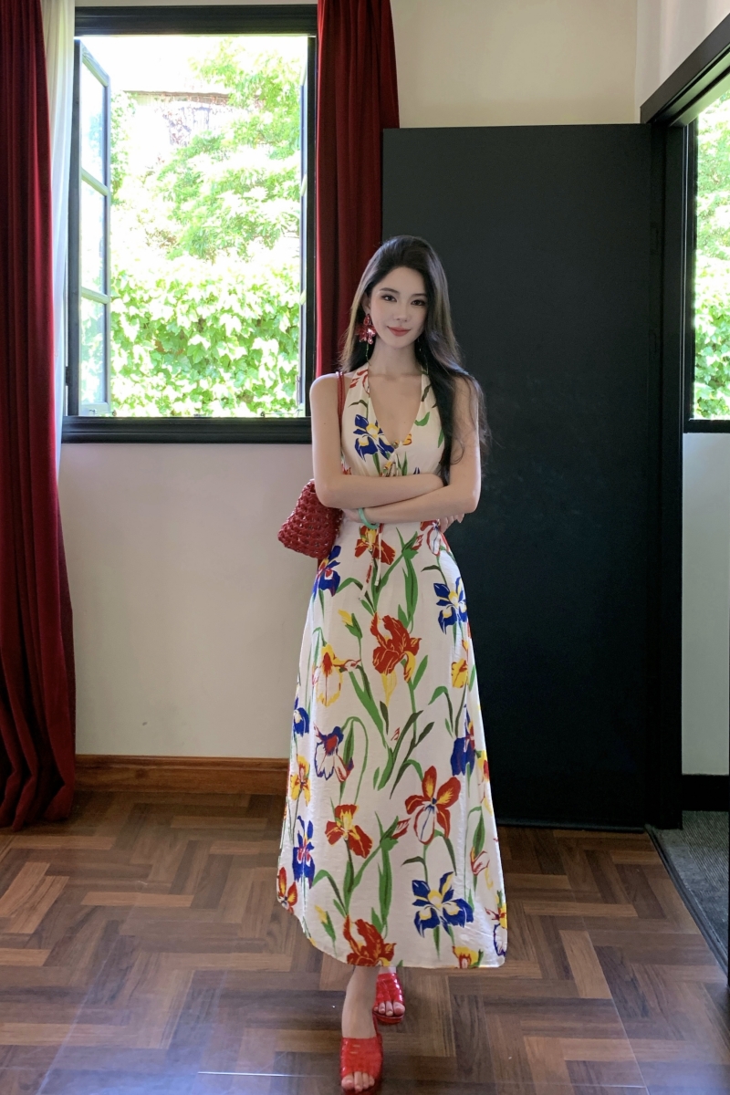 Retro temperament slim dress halter summer long dress
