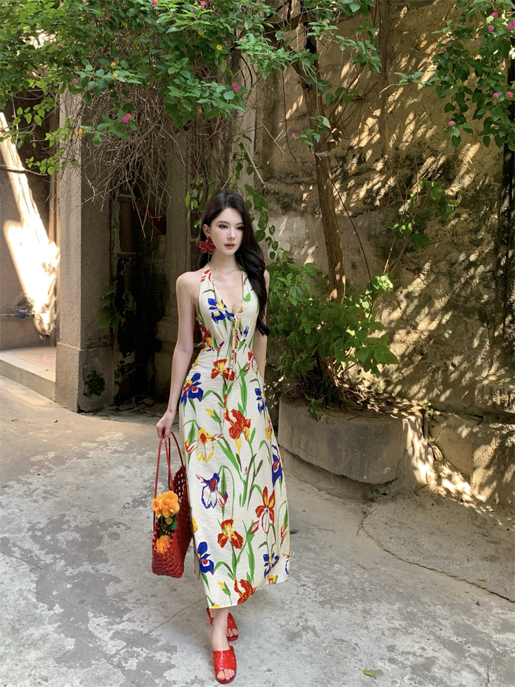 Retro temperament slim dress halter summer long dress