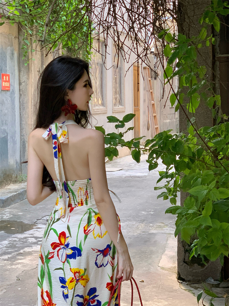 Retro temperament slim dress halter summer long dress
