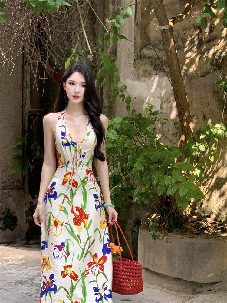 Retro temperament slim dress halter summer long dress
