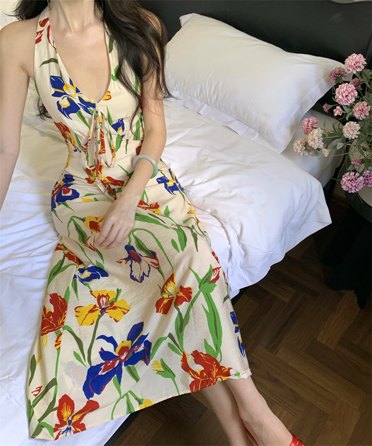 Retro temperament slim dress halter summer long dress