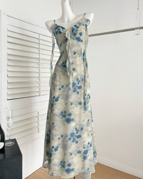 Temperament slim long dress retro floral dress for women