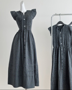 Loose puff sleeve long dress retro plaid dress