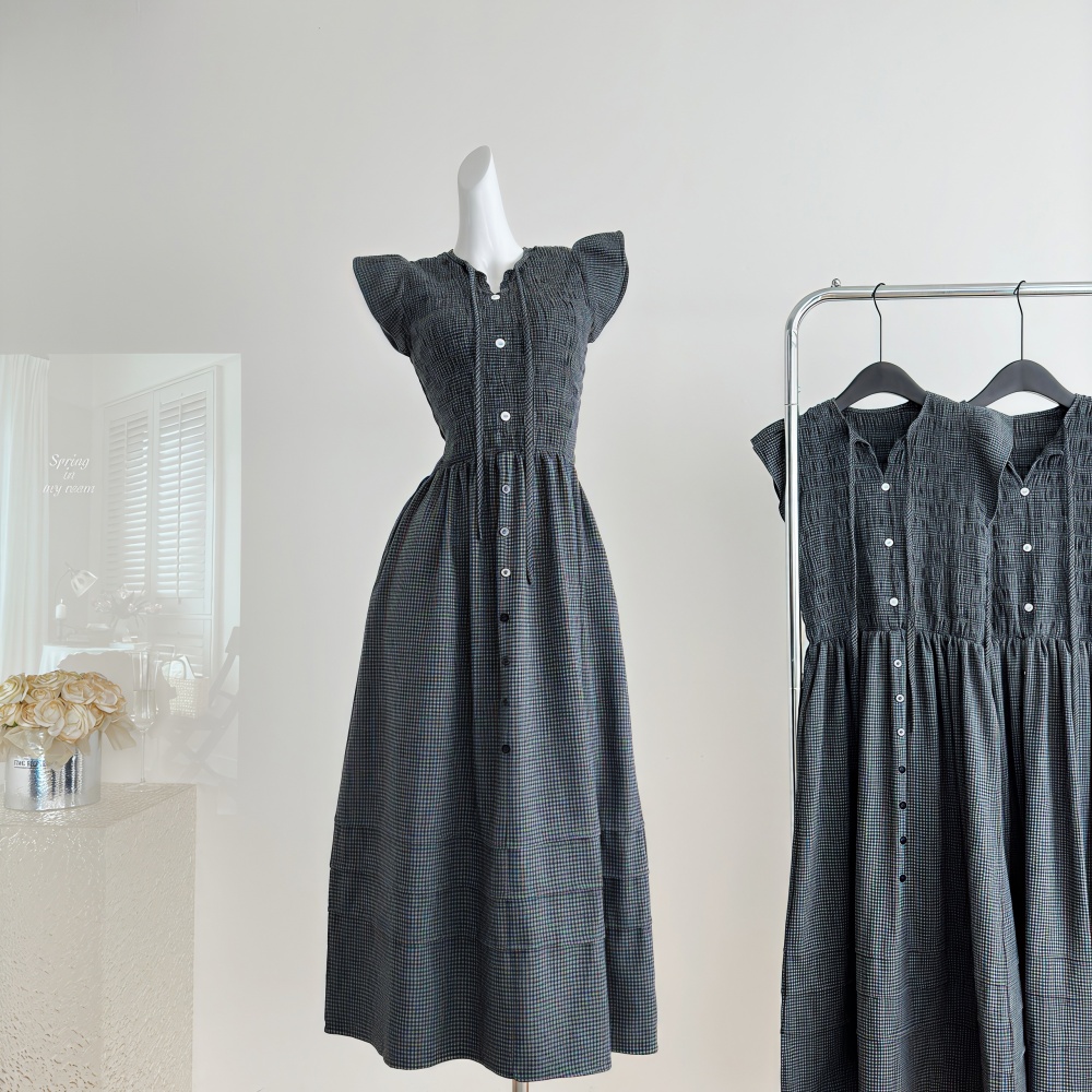 Loose puff sleeve long dress retro plaid dress