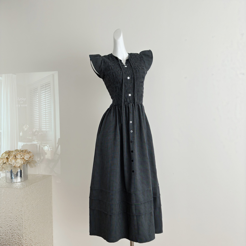 Loose puff sleeve long dress retro plaid dress