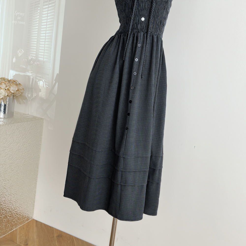 Loose puff sleeve long dress retro plaid dress