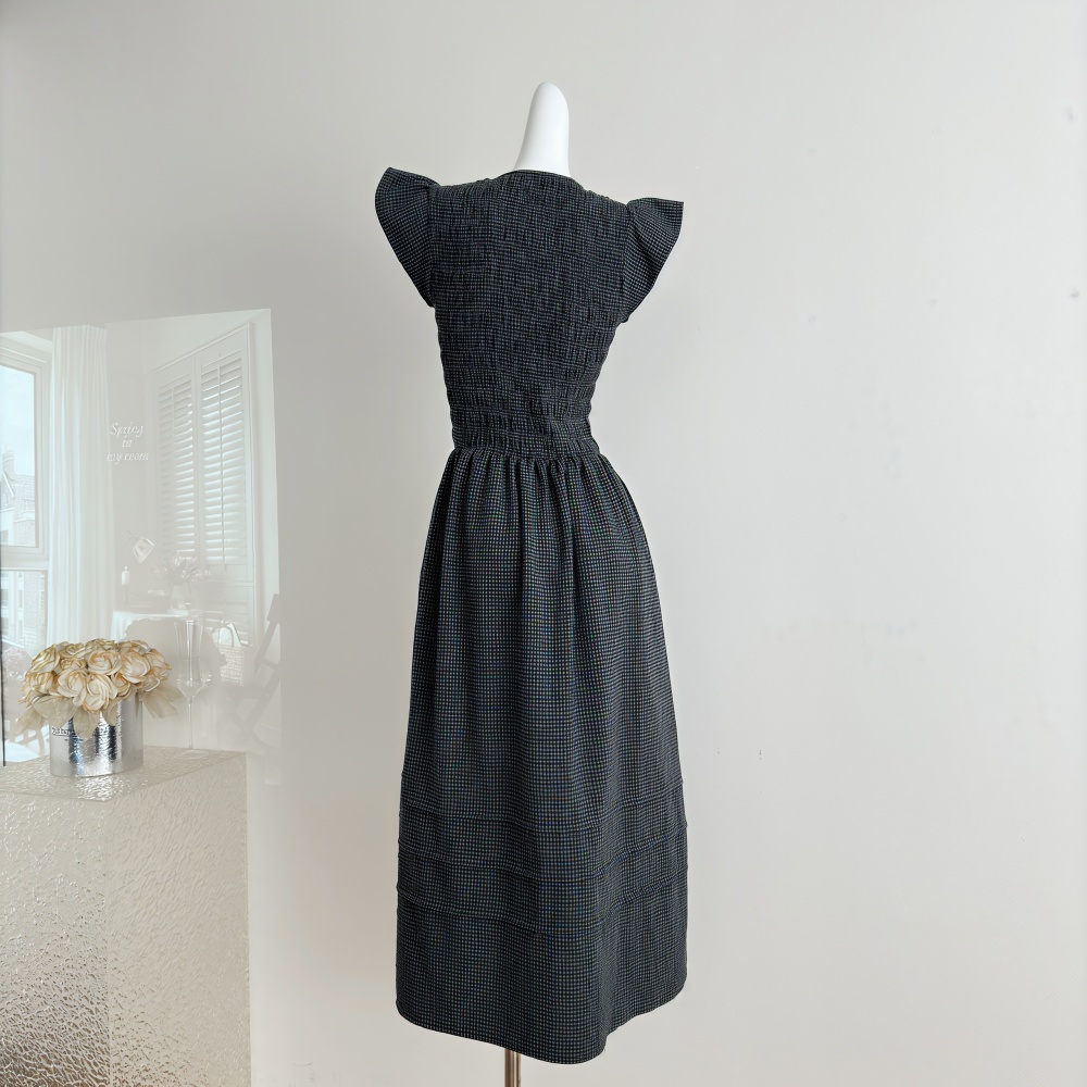 Loose puff sleeve long dress retro plaid dress