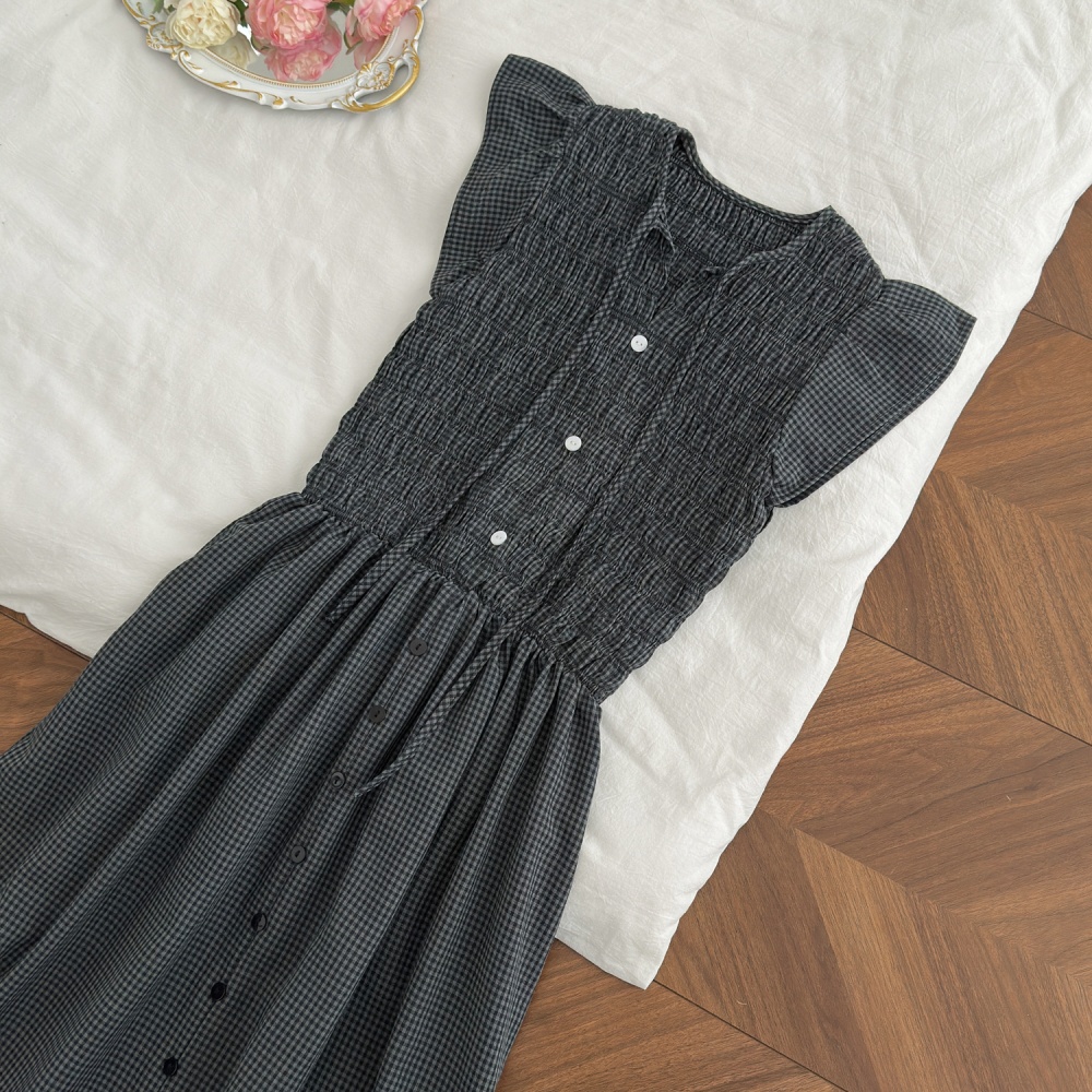 Loose puff sleeve long dress retro plaid dress