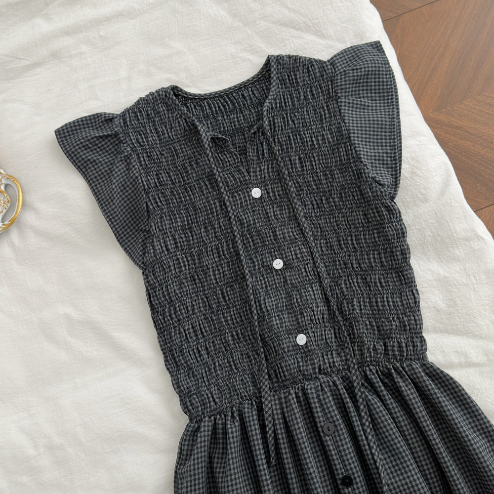 Loose puff sleeve long dress retro plaid dress