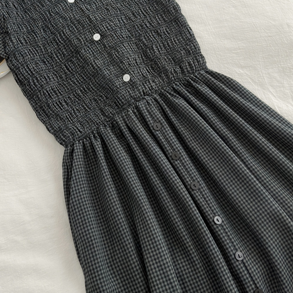 Loose puff sleeve long dress retro plaid dress