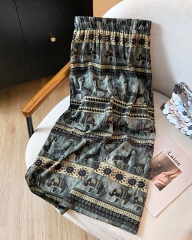 Split summer retro printing A-line high waist skirt for women
