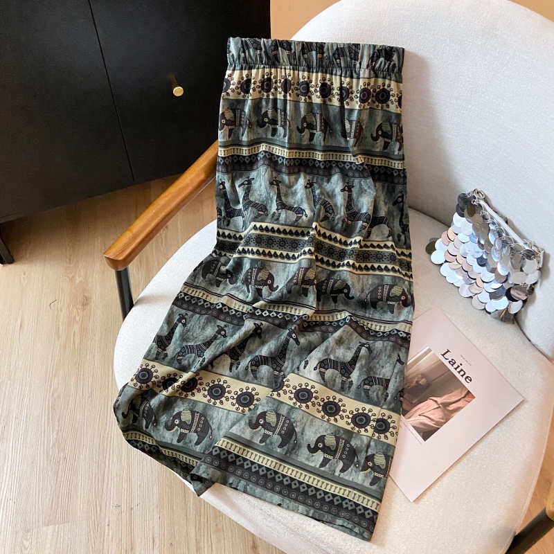 Split summer retro printing A-line high waist skirt for women