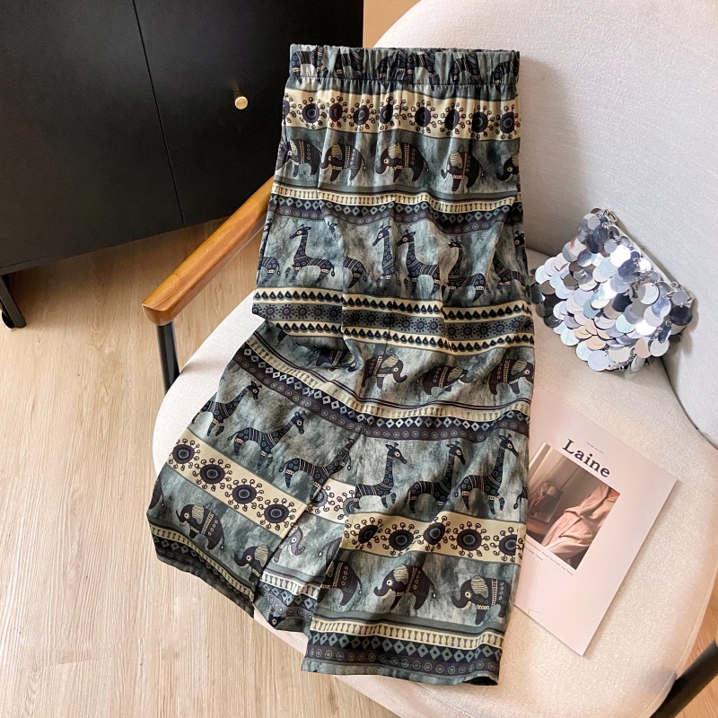 Split summer retro printing A-line high waist skirt for women