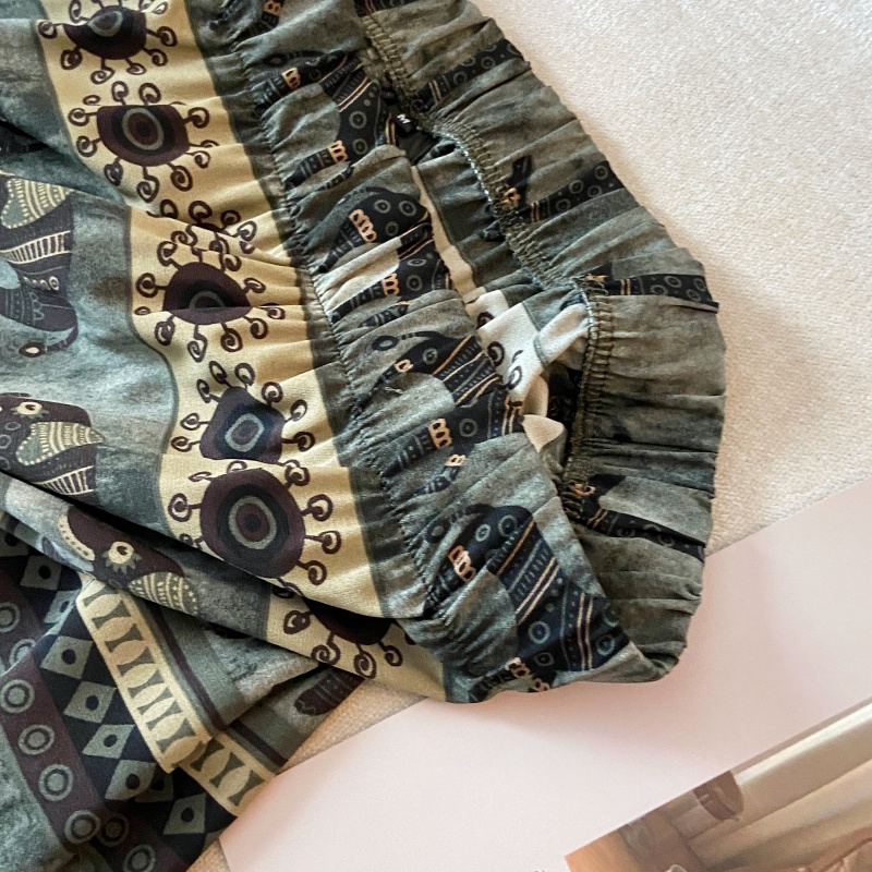 Split summer retro printing A-line high waist skirt for women
