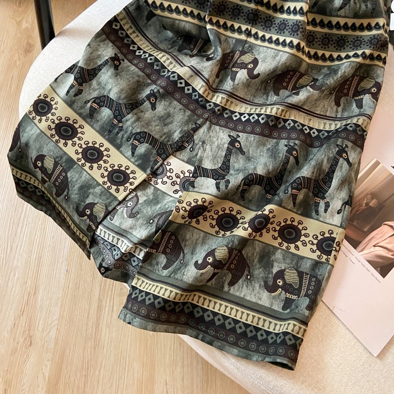 Split summer retro printing A-line high waist skirt for women