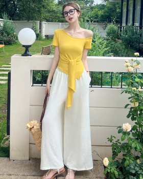 Sloping shoulder long pants summer T-shirt 2pcs set for women