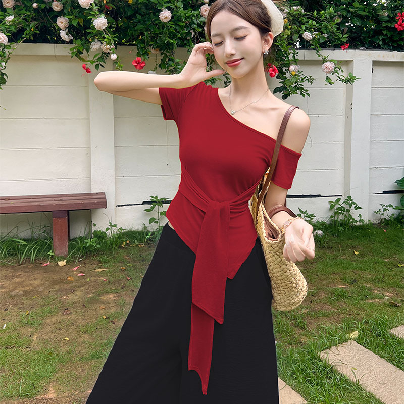 Sloping shoulder long pants summer T-shirt 2pcs set for women