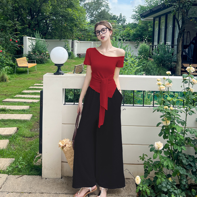 Sloping shoulder long pants summer T-shirt 2pcs set for women