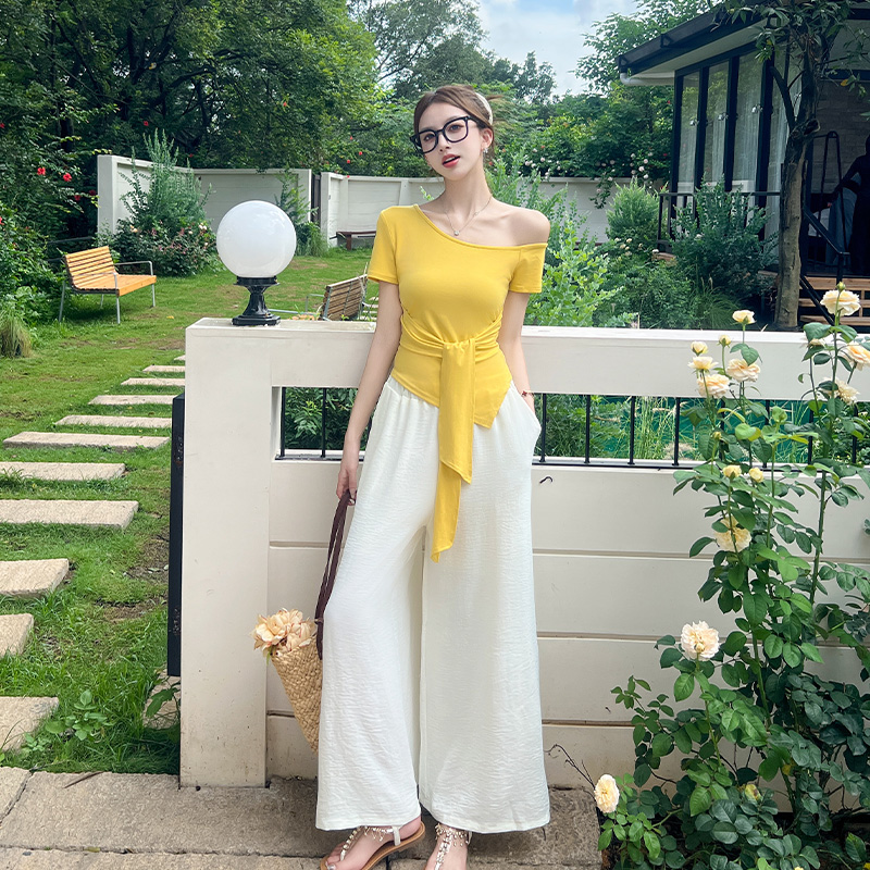 Sloping shoulder long pants summer T-shirt 2pcs set for women