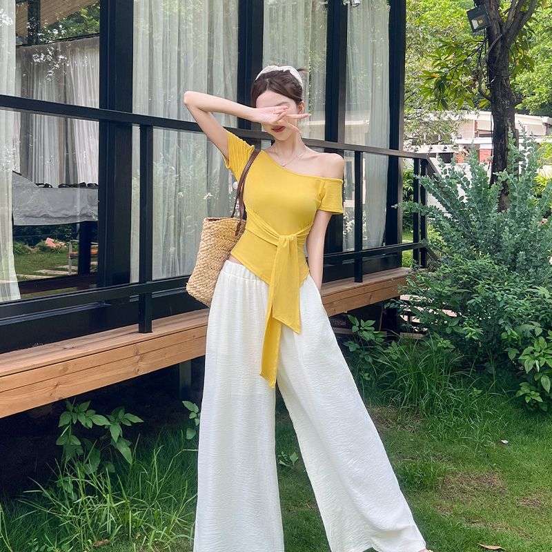Sloping shoulder long pants summer T-shirt 2pcs set for women