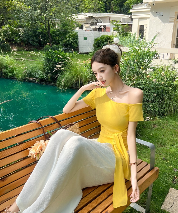 Sloping shoulder long pants summer T-shirt 2pcs set for women