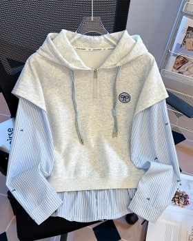 Pseudo-two stripe splice hooded fashion hoodie for women