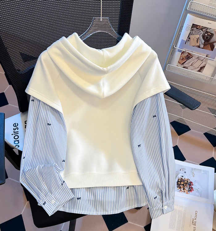 Pseudo-two stripe splice hooded fashion hoodie for women