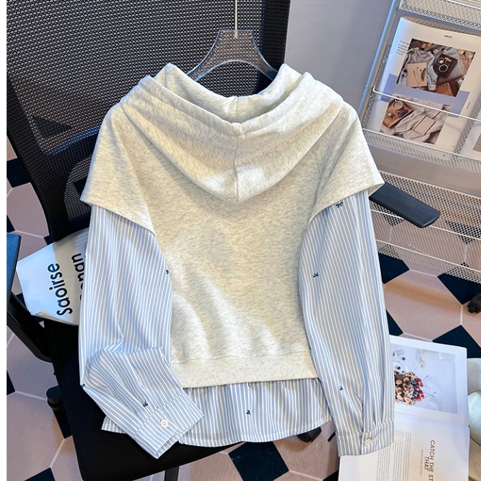 Pseudo-two stripe splice hooded fashion hoodie for women