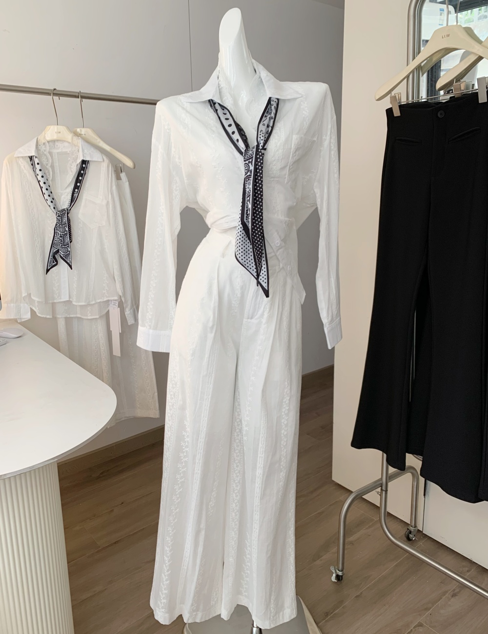 Lace summer wide leg pants splice shirt 2pcs set